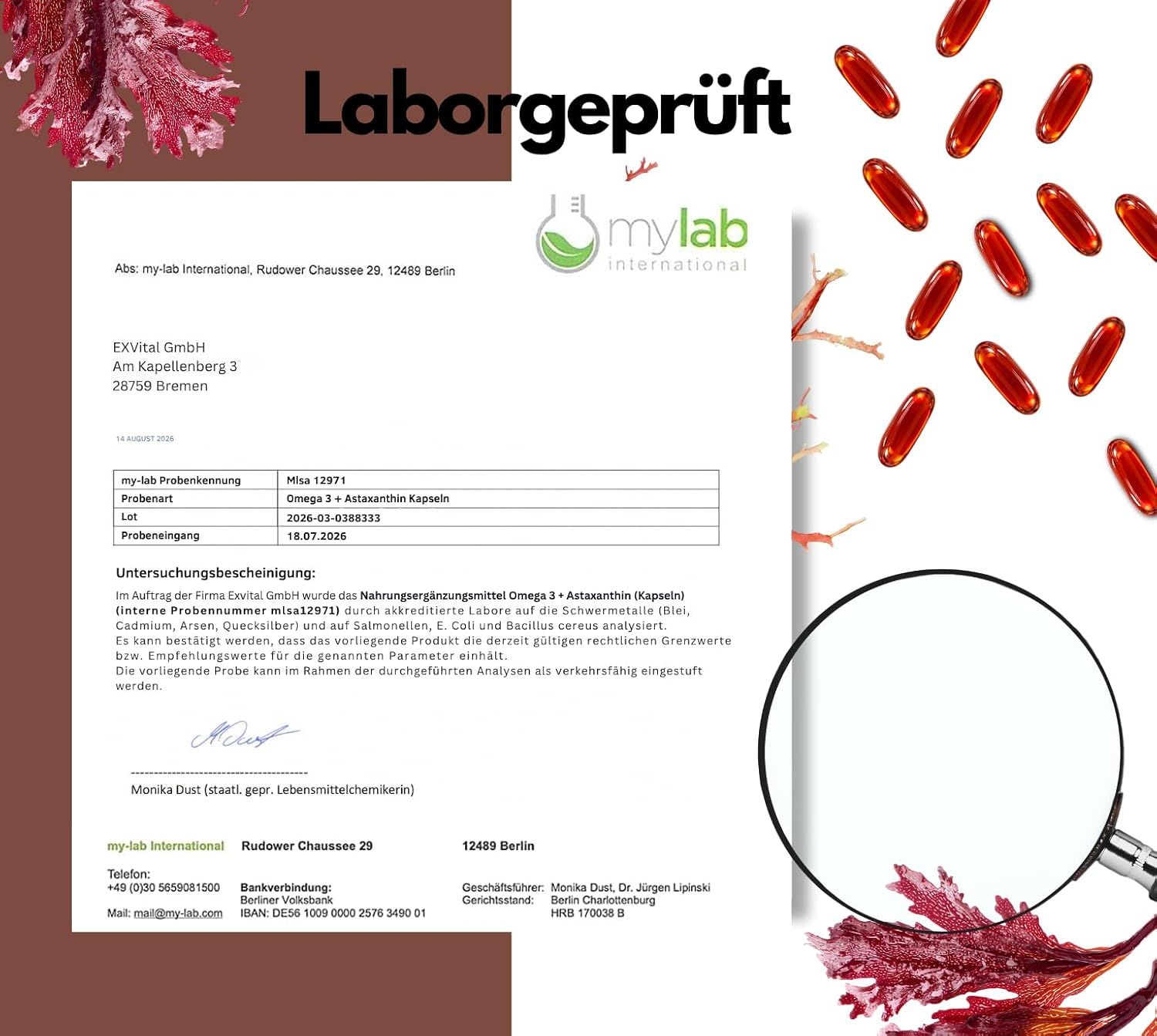Laborbericht für Omega-3-Kapseln mit Astaxanthin.