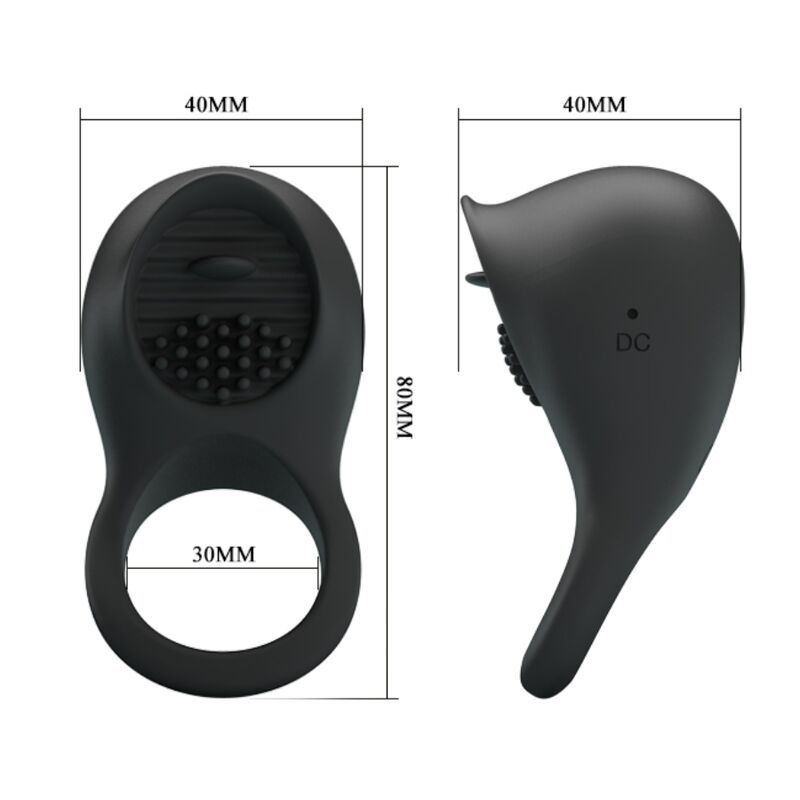 Schwarzer Penisring mit Zunge und Noppen. Abmessungen: 80x40x30mm. Aus Silikon.