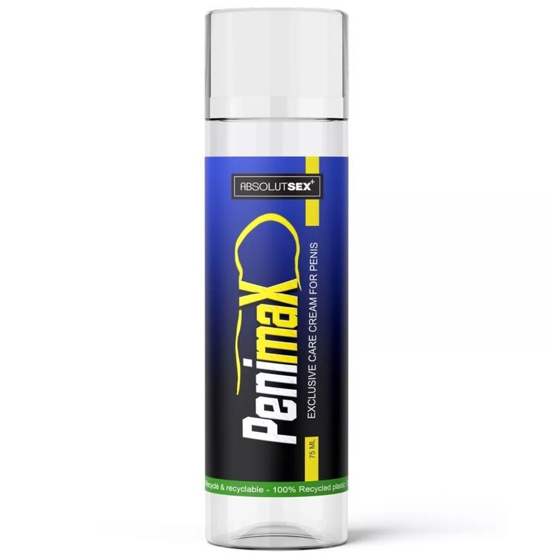 Transparente Tube mit blauen und gelben Akzenten. Aufschrift Penimax, 15 ml. Absolutsex Logo. Exklusive Pflegecreme für den Penis.