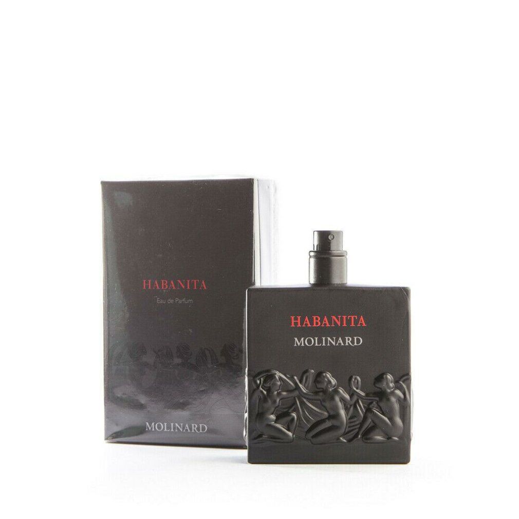 Schwarzer Flakon und Karton. Aufschrift Habanita, Molinard. Relief von Figuren.