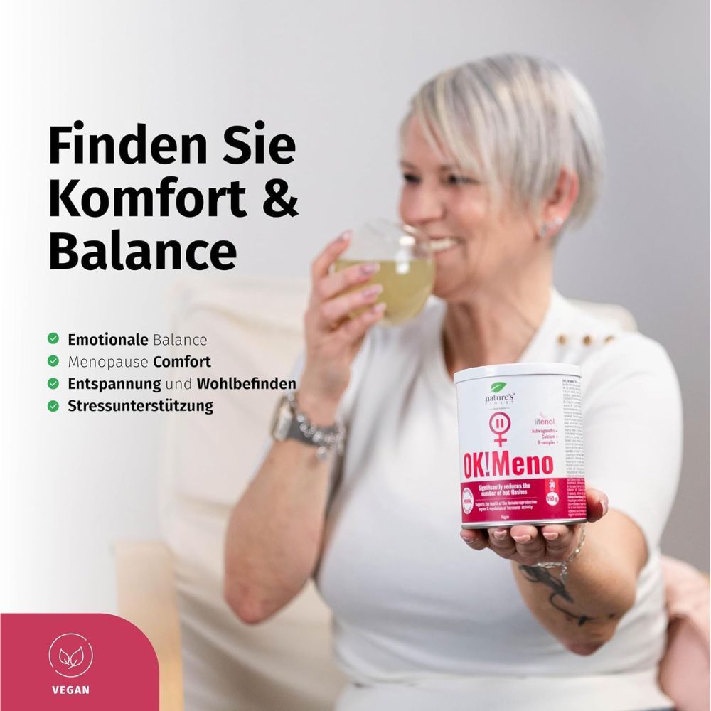Frau hält Nature's Finest OK!Meno Dose. Text: Finden Sie Komfort & Balance.