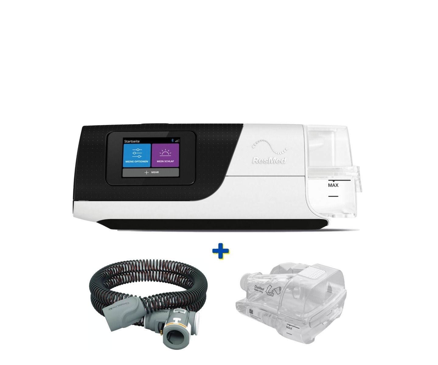 ResMed AirSense 11 mit Schlauch, Befeuchter und Plus-Symbol.