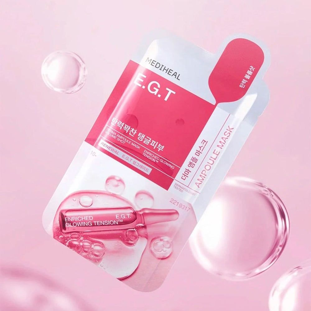 Rosa MEDIHEAL Derma Ampoule Tuchmaske E.G.T. Verpackung mit Ampulle, umgeben von rosa Blasen.