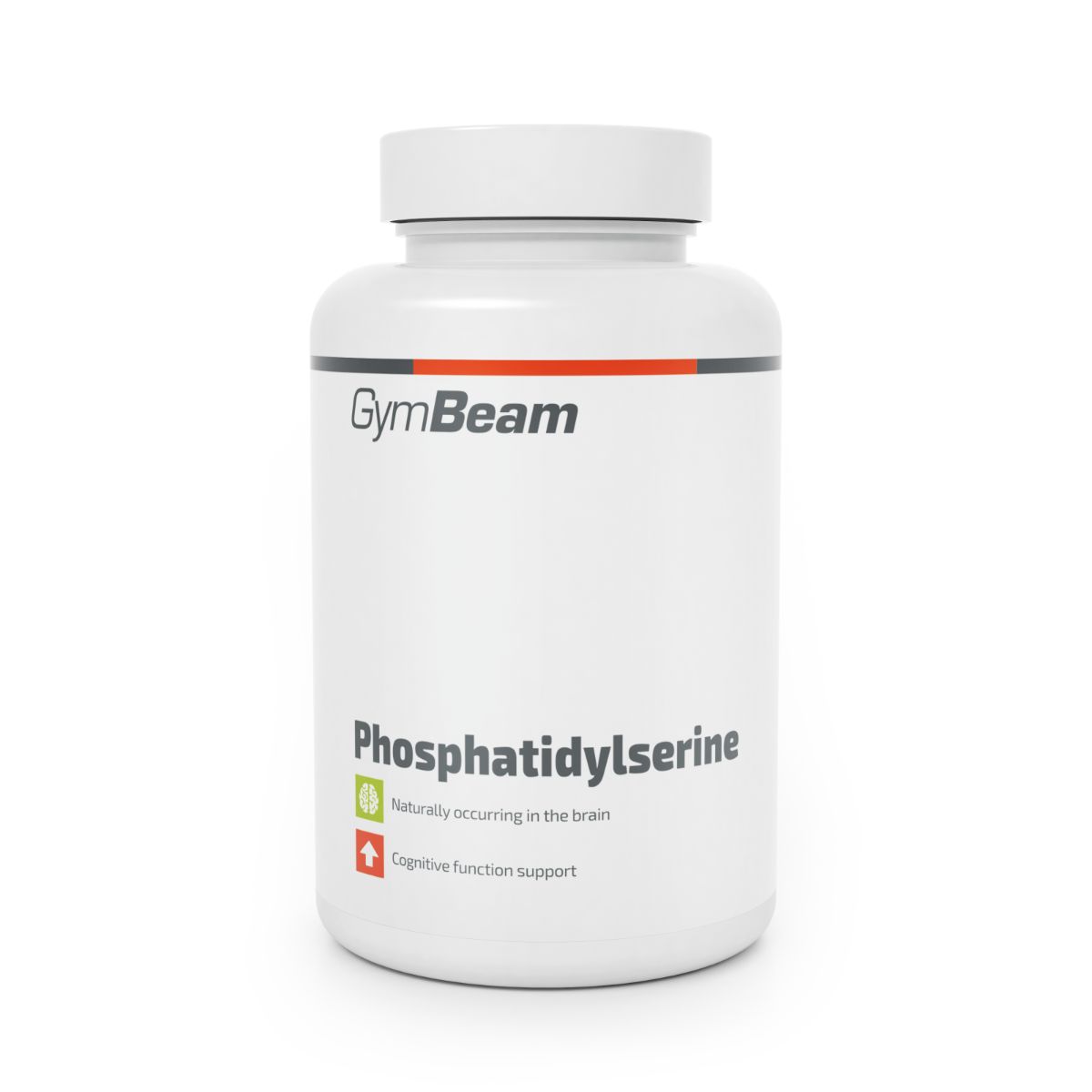 GymBeam Phosphatidylserin Kapseln: Weißer Behälter mit Etikett, das "Phosphatidylserine" und "Cognitive function support" angibt.