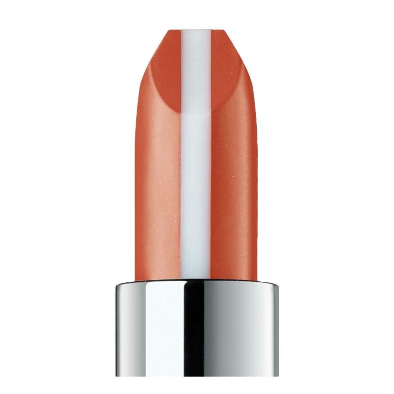 Nahaufnahme des Lippenstifts. Orange-rosa Farbe mit weißem Streifen in der Mitte.