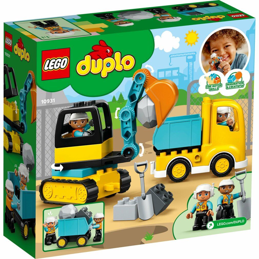 LEGO Duplo Bagger und Laster. Verpackung mit gelbem Laster, Bagger, Figuren und Steinen. Logo, Produktname und Altersempfehlung.