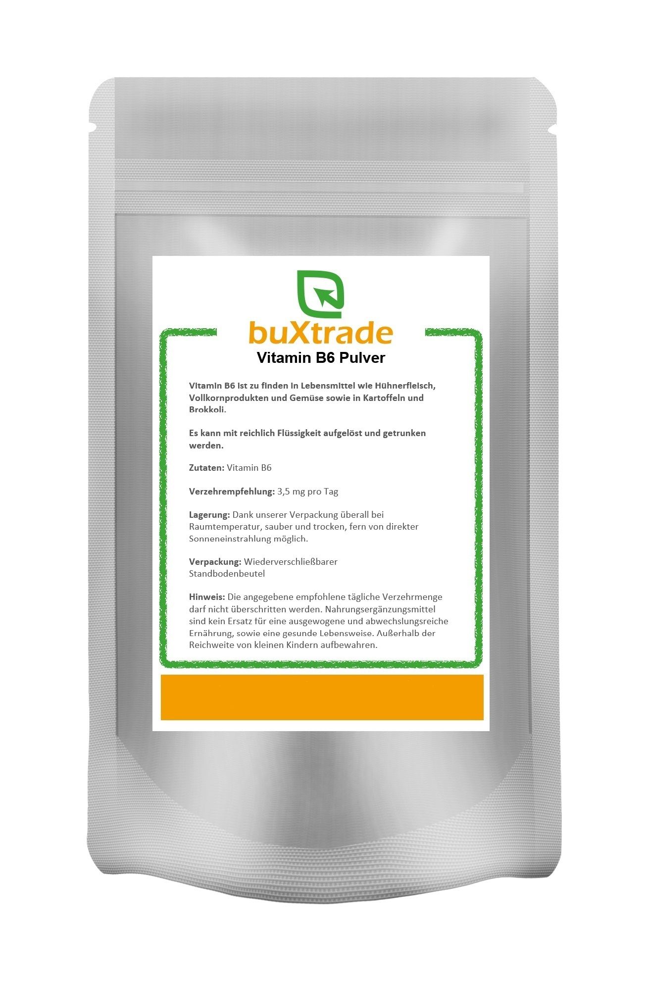 Beutel mit Vitamin B6 Pulver. Aufschrift: buXtrade. Wiederverschließbarer Standbodenbeutel.