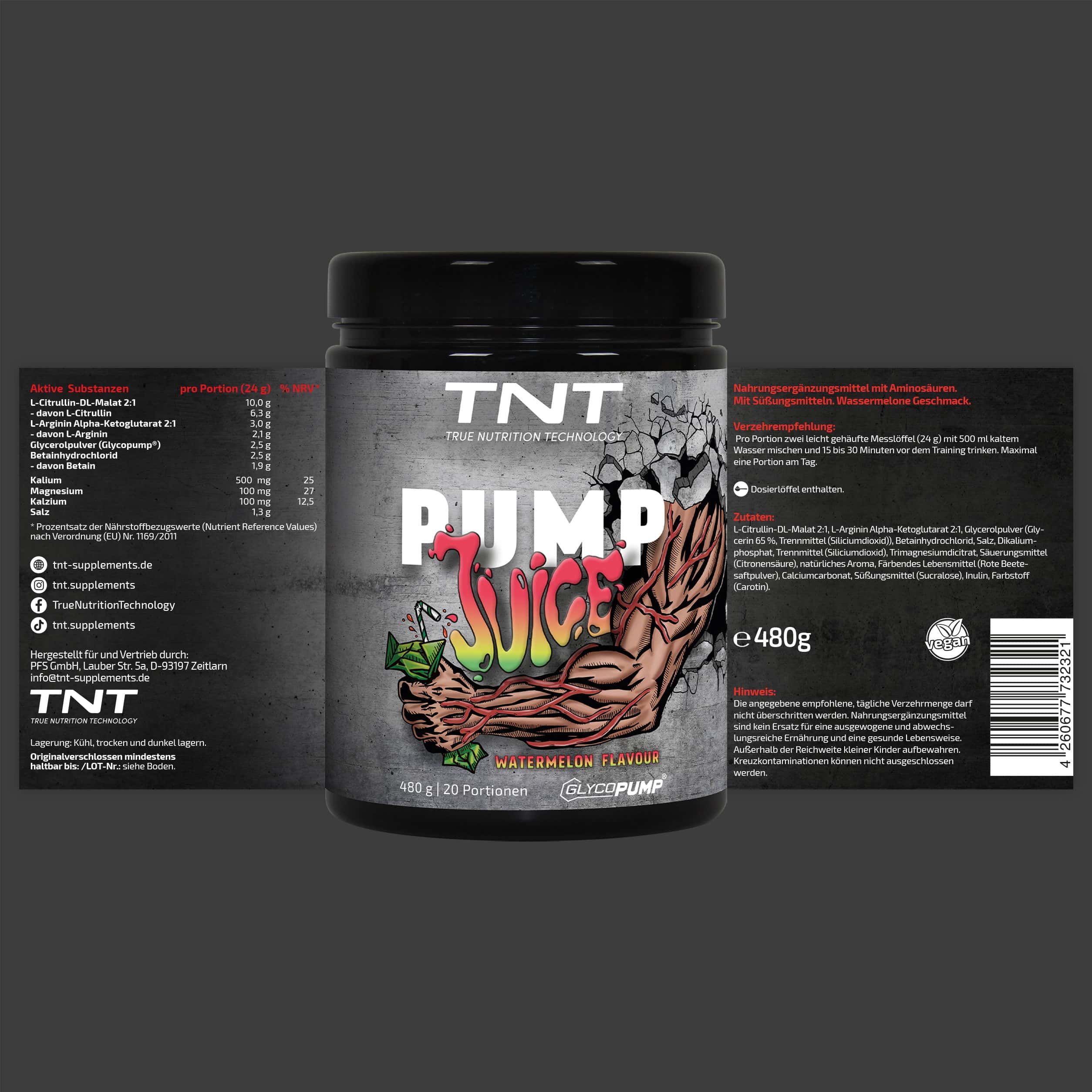 TNT Pump Juice Dose mit geöffneten Etiketten. Enthält Informationen zu Inhaltsstoffen und Nährwerten. 480g.