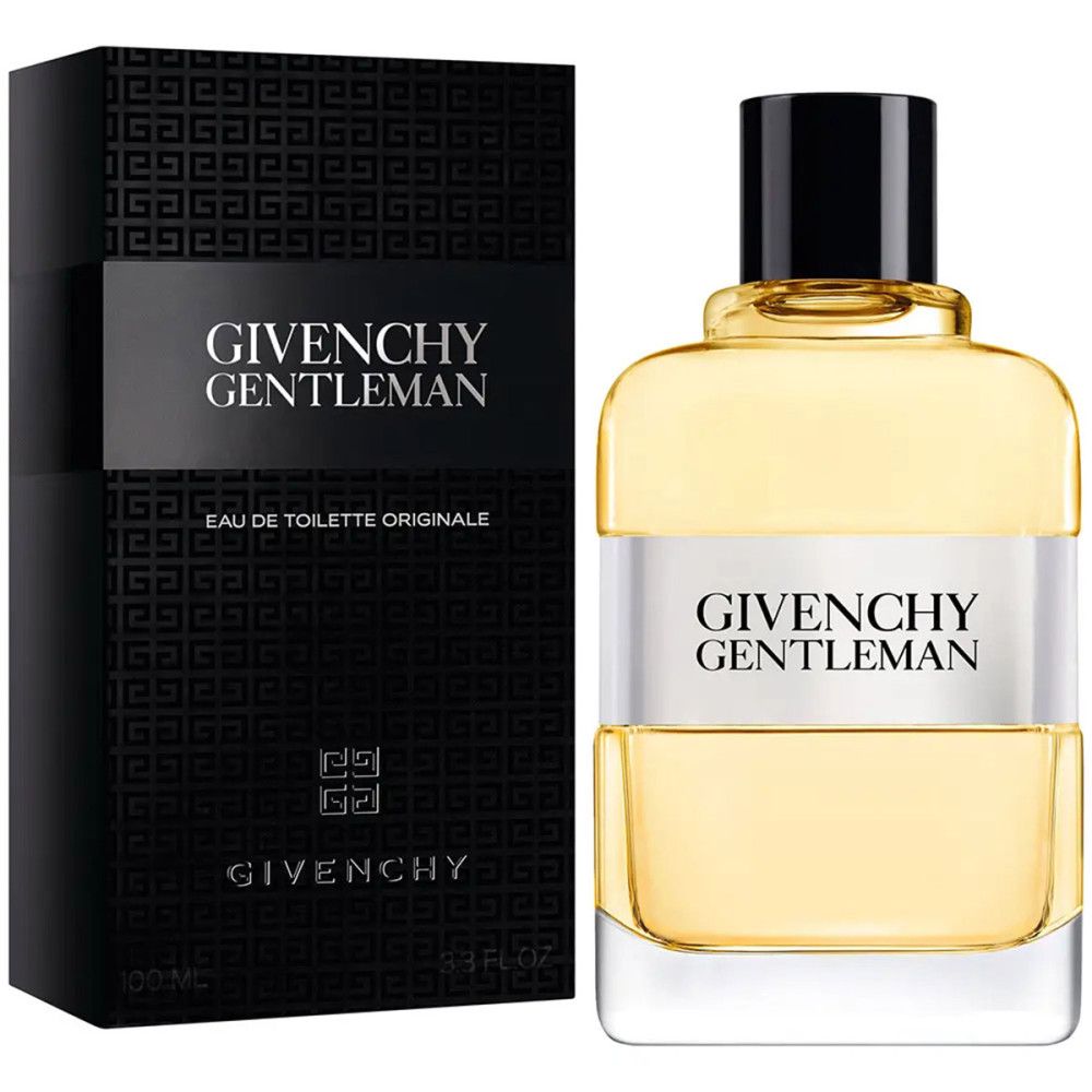 Givenchy Gentleman Eau de Toilette Flakon und Verpackung mit schwarzem Design und silbernem Etikett.