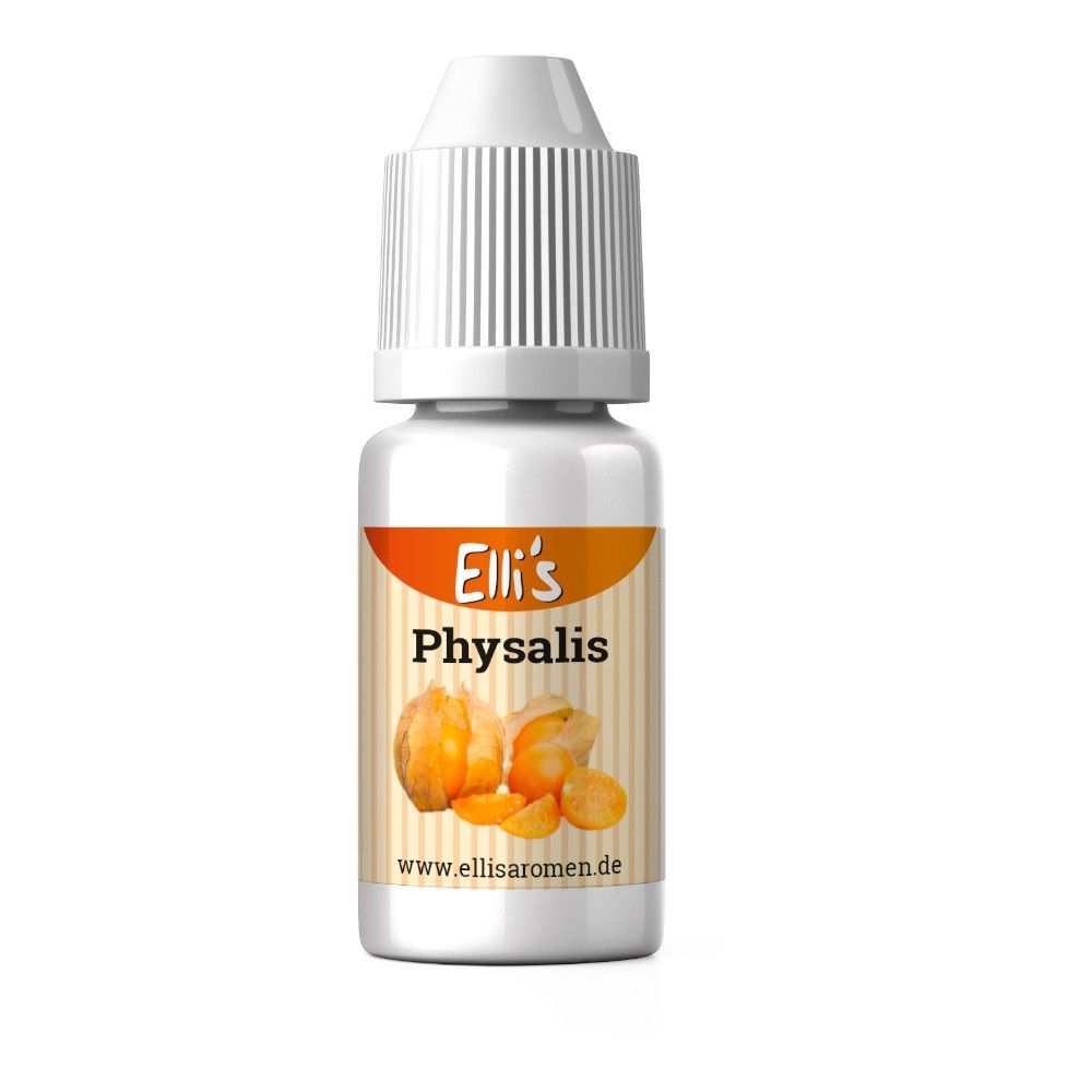 Weiße Flasche mit Schraubverschluss. Etikett mit Produktname und Physalis-Abbildung. Text: Elli's Physalis Lebensmittelaroma.