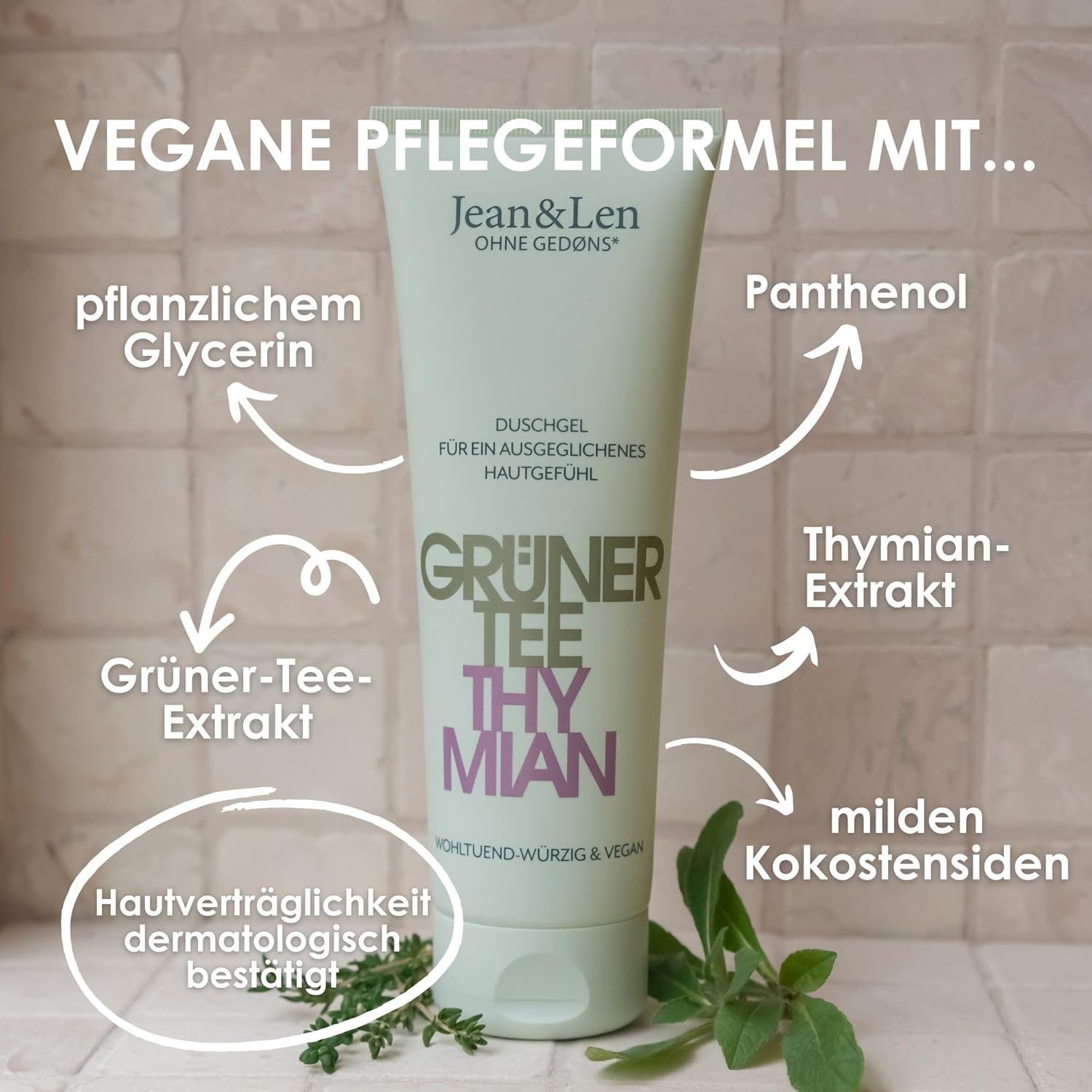 Grüner Tee & Thymian Duschgel in Tube. Text: Vegane Pflegeformel mit... Hautverträglichkeit dermatologisch bestätigt.