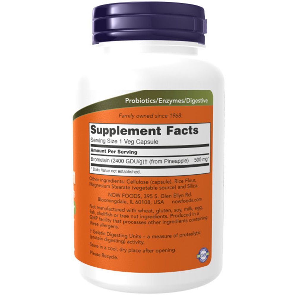 Weiße Flasche mit blauem Deckel. Aufschrift: Supplement Facts, Bromelain 500mg. Enthält Inhaltsstoffe wie Cellulose, Reis, Magnesiumstearat.