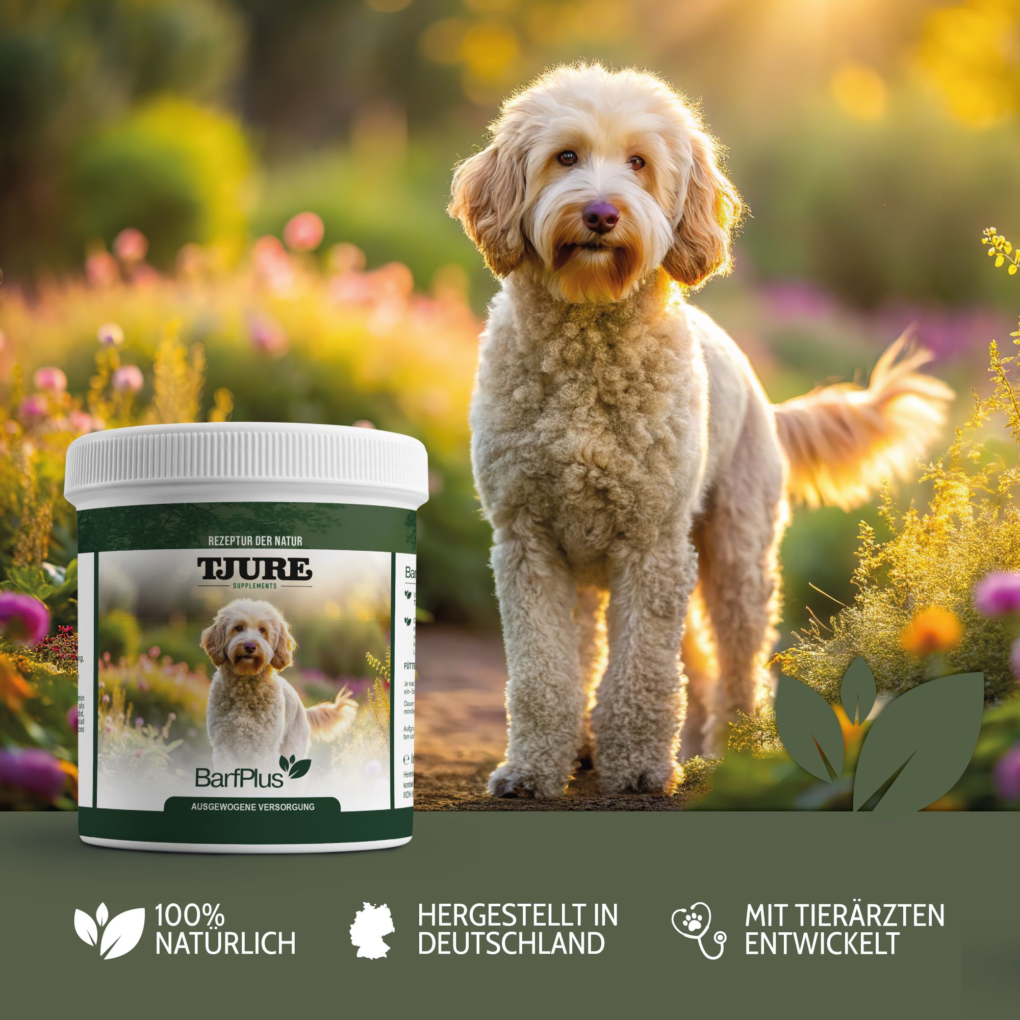 Tjure Hund Barf Plus-Behälter mit Hund im Hintergrund. Text: Hergestellt in Deutschland. Mit Tierärzten entwickelt.