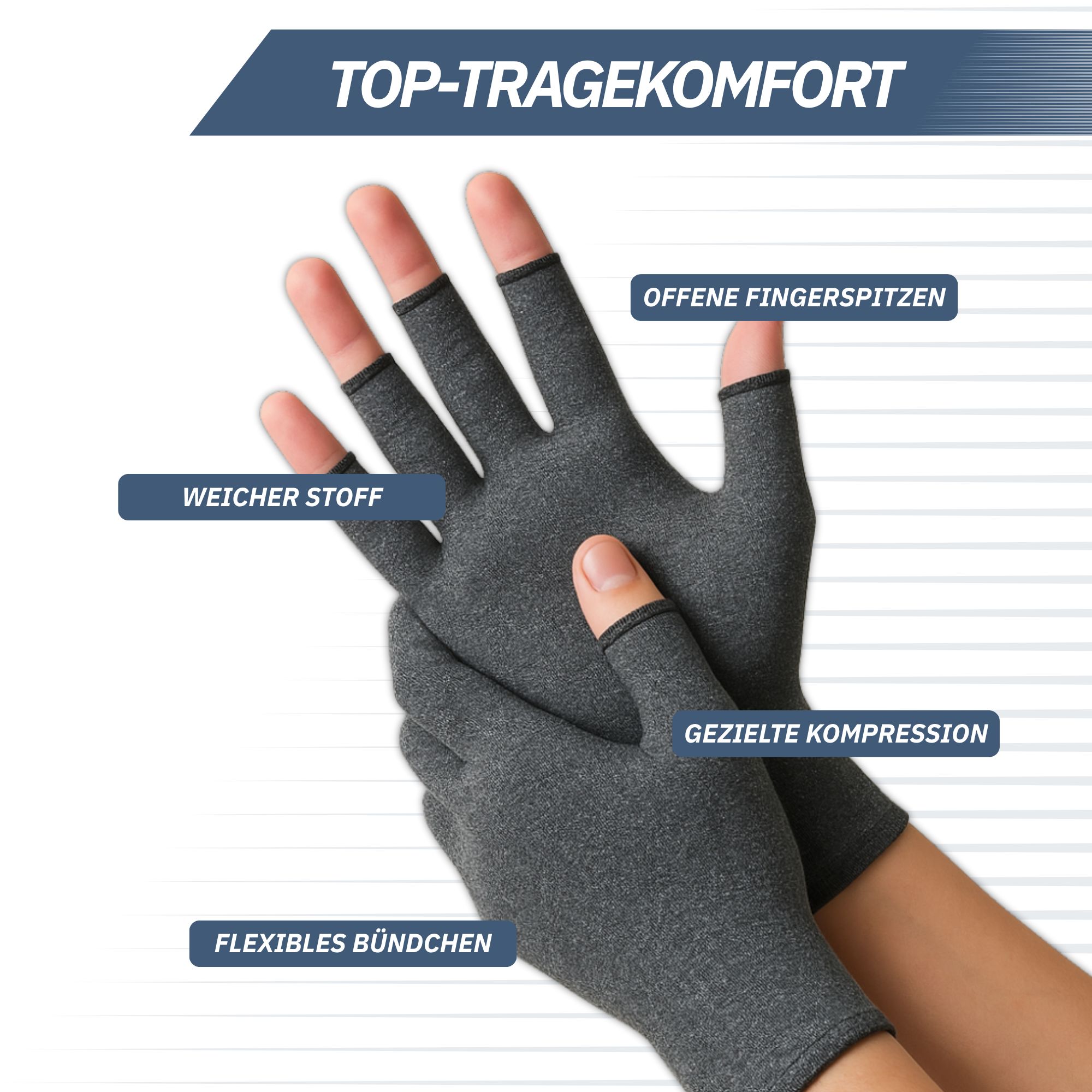 Graue Kompressionshandschuhe mit offenen Fingerspitzen, weichem Stoff und gezielter Kompression.