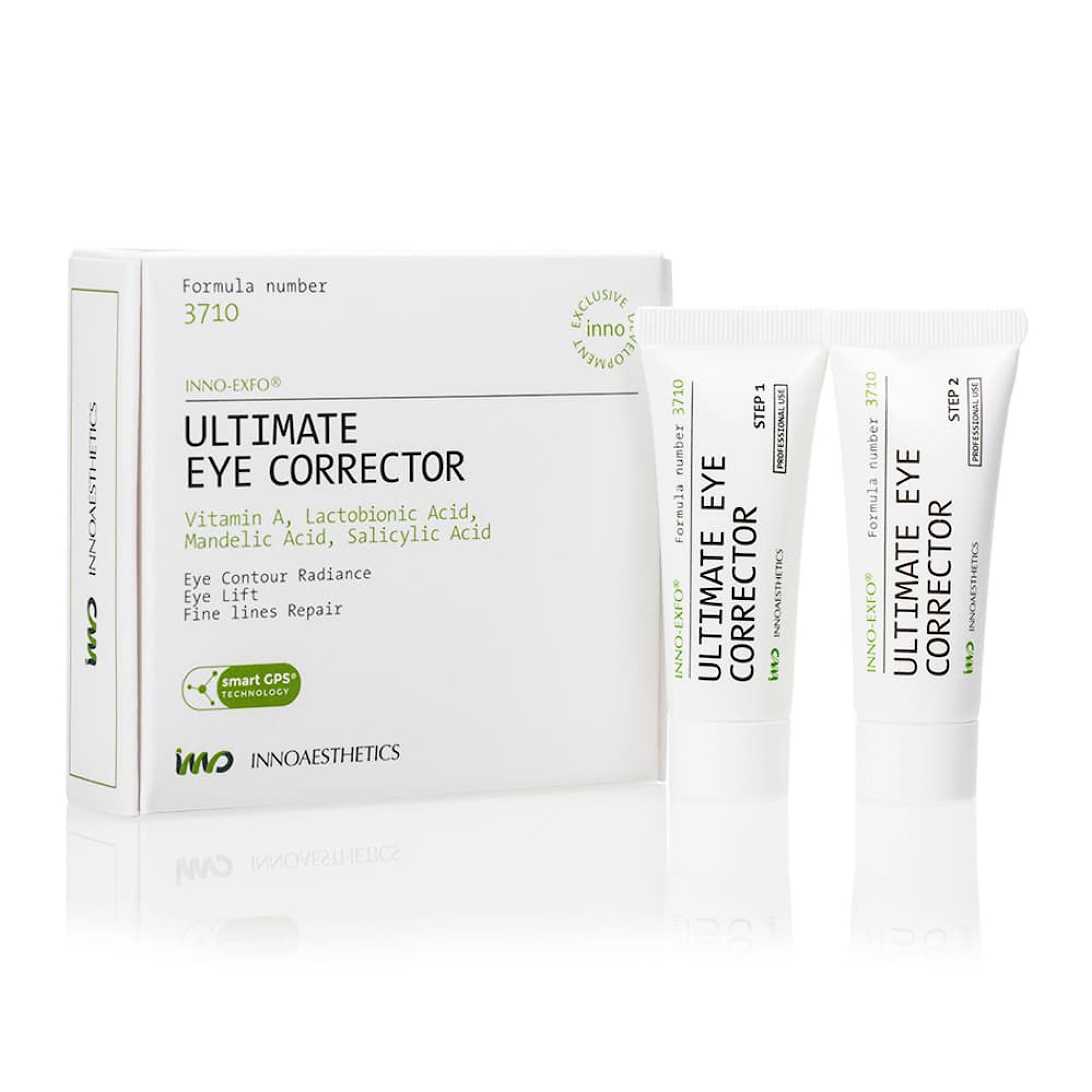 Verpackung und zwei Tuben Innoaesthetics Ultimate Eye Corrector. Aufschrift: Vitamin A, Lactobionsäure, Mandelsäure, Salicylsäure.