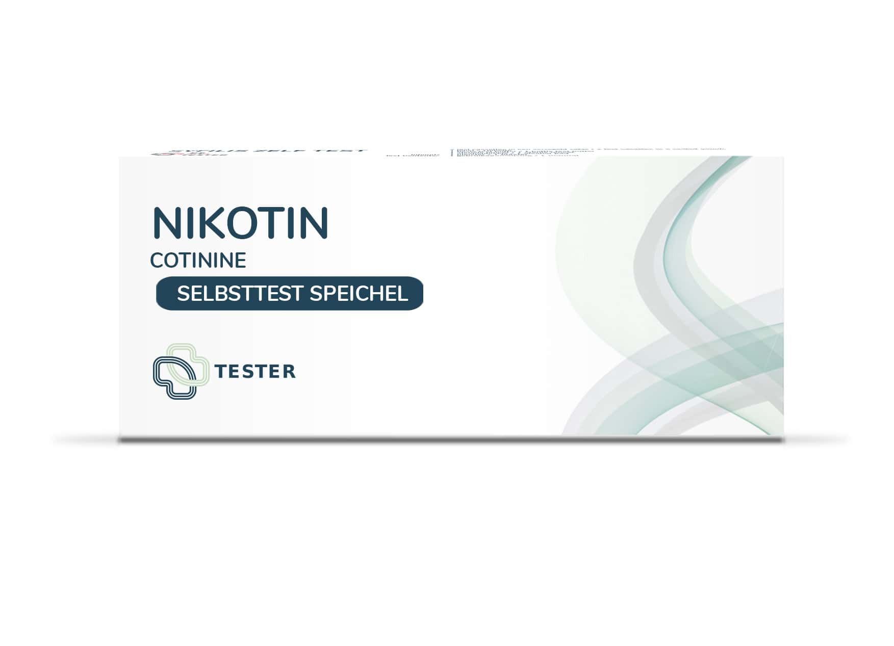 Weißer Karton mit Aufschrift "NIKOTIN COTININE SELBSTTEST SPEICHEL". Abbildung eines Testers. Wellenmuster.