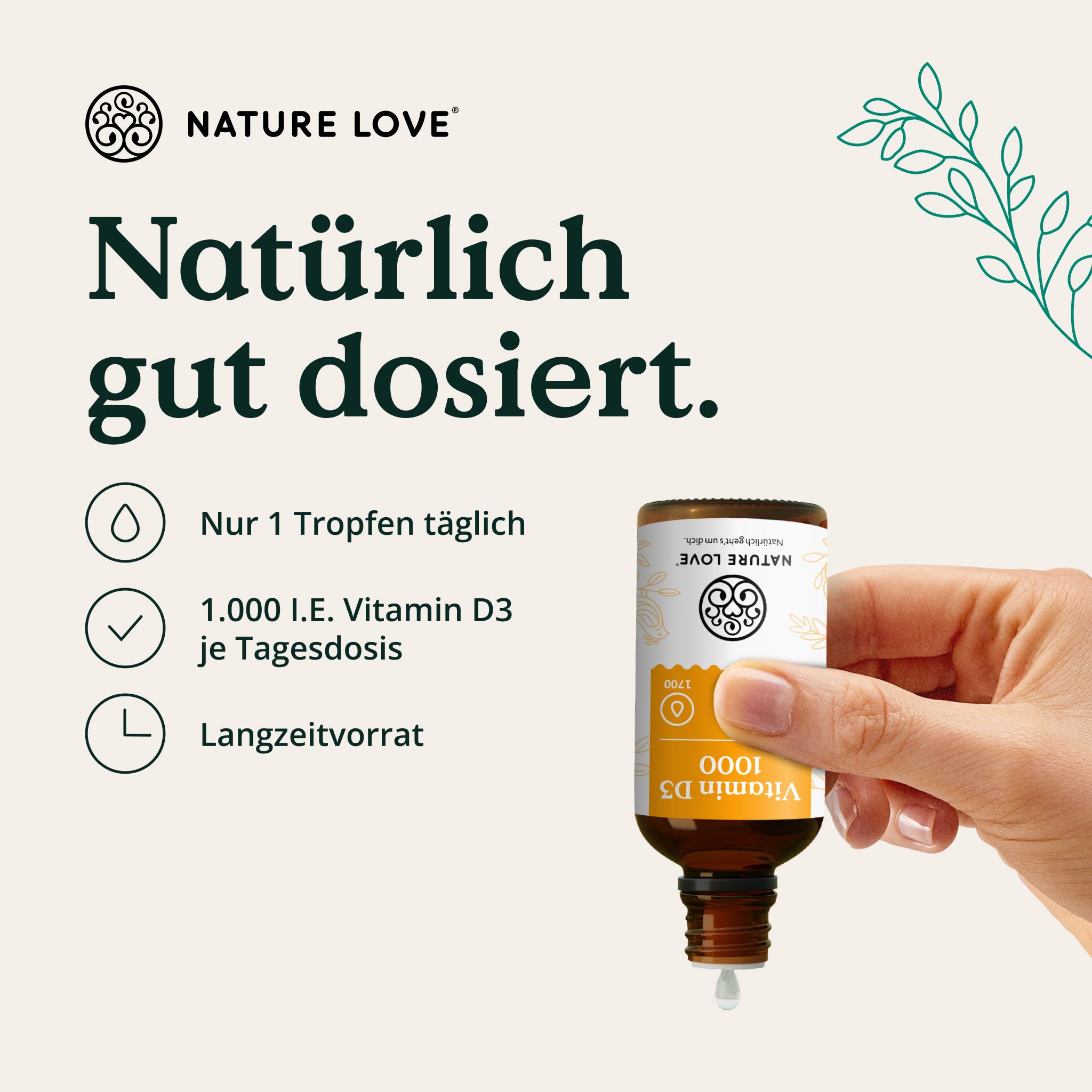 NATURE LOVE® Vitamin D3 1000 I.E. Tropfflasche, 1 Tropfen täglich, Langzeitvorrat.