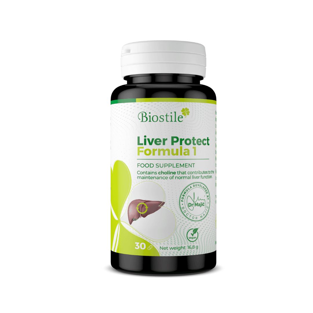 Eine schwarze Flasche mit weißem Deckel. Auf dem Etikett steht "Biostile Liver Protect Formula 1". Enthält 30 Kapseln.