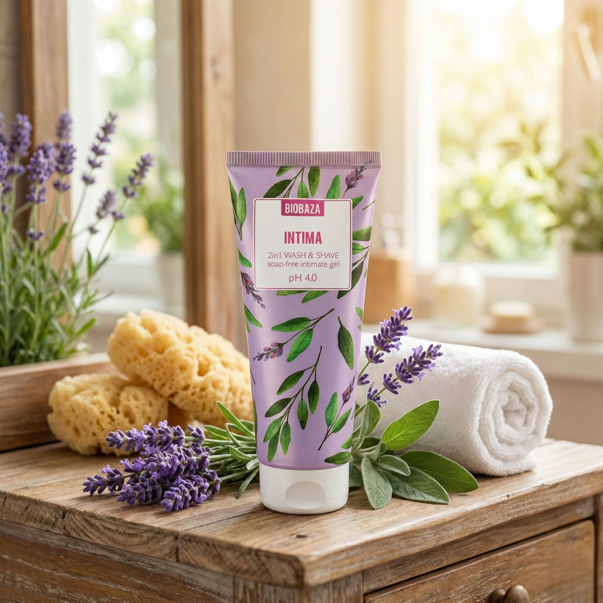 Lila Tube mit Produktnamen und floralem Design. Auf einem Holzbrett mit Schwämmen, Lavendel und Handtuch.