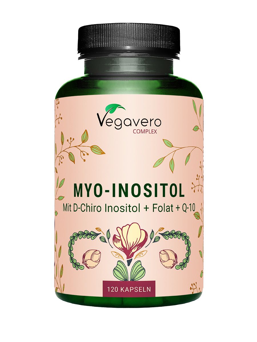 Grüne Flasche mit Vegavaro Myo-Inositol Complex. Aufschrift: MYO-INOSITOL, 120 Kapseln. Floral-Dekor.