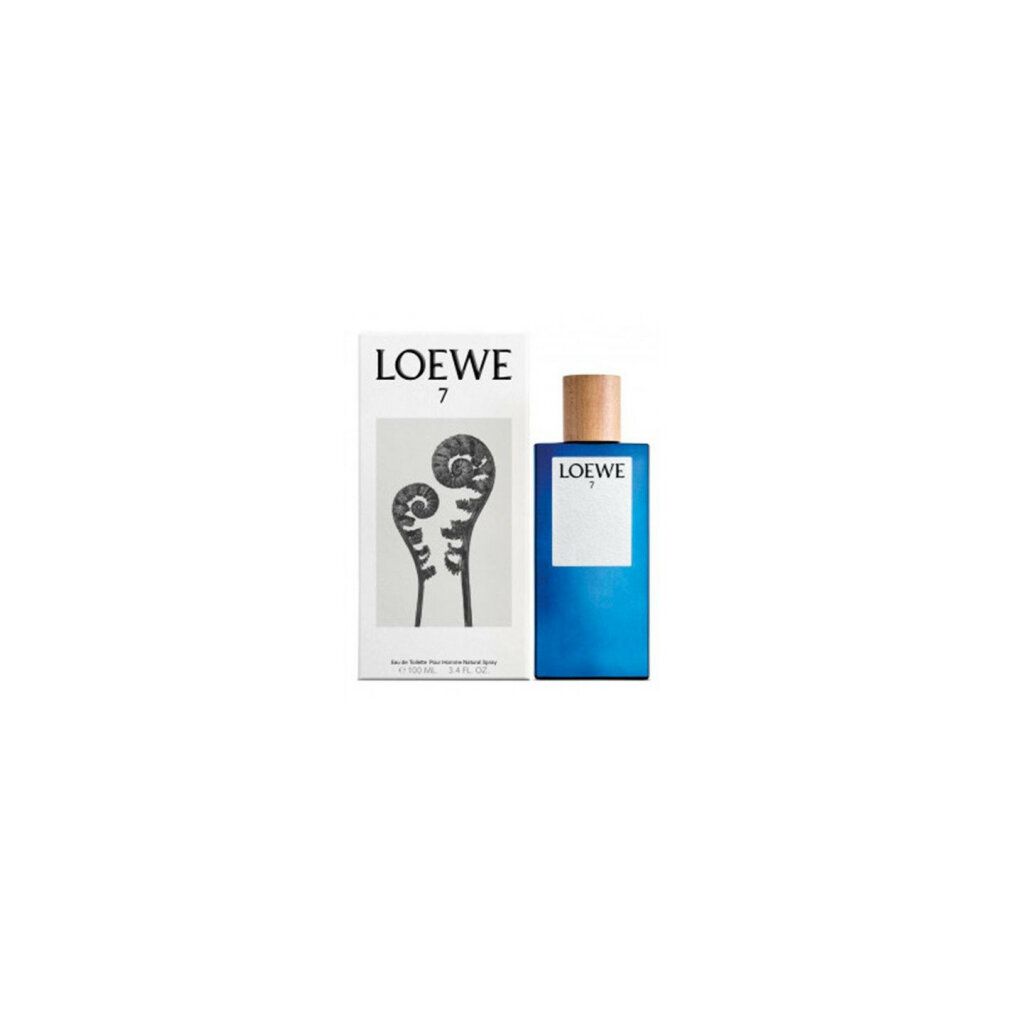 Blaues Parfümflakon mit Holzverschluss und Verpackung. Auf dem Etikett steht "LOEWE 7".