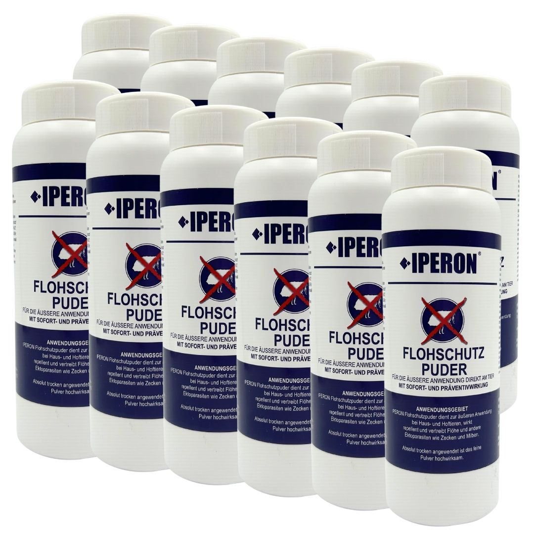 Mehrere Flaschen IPERON® Flohpuder in weißer Verpackung mit blauer Beschriftung.