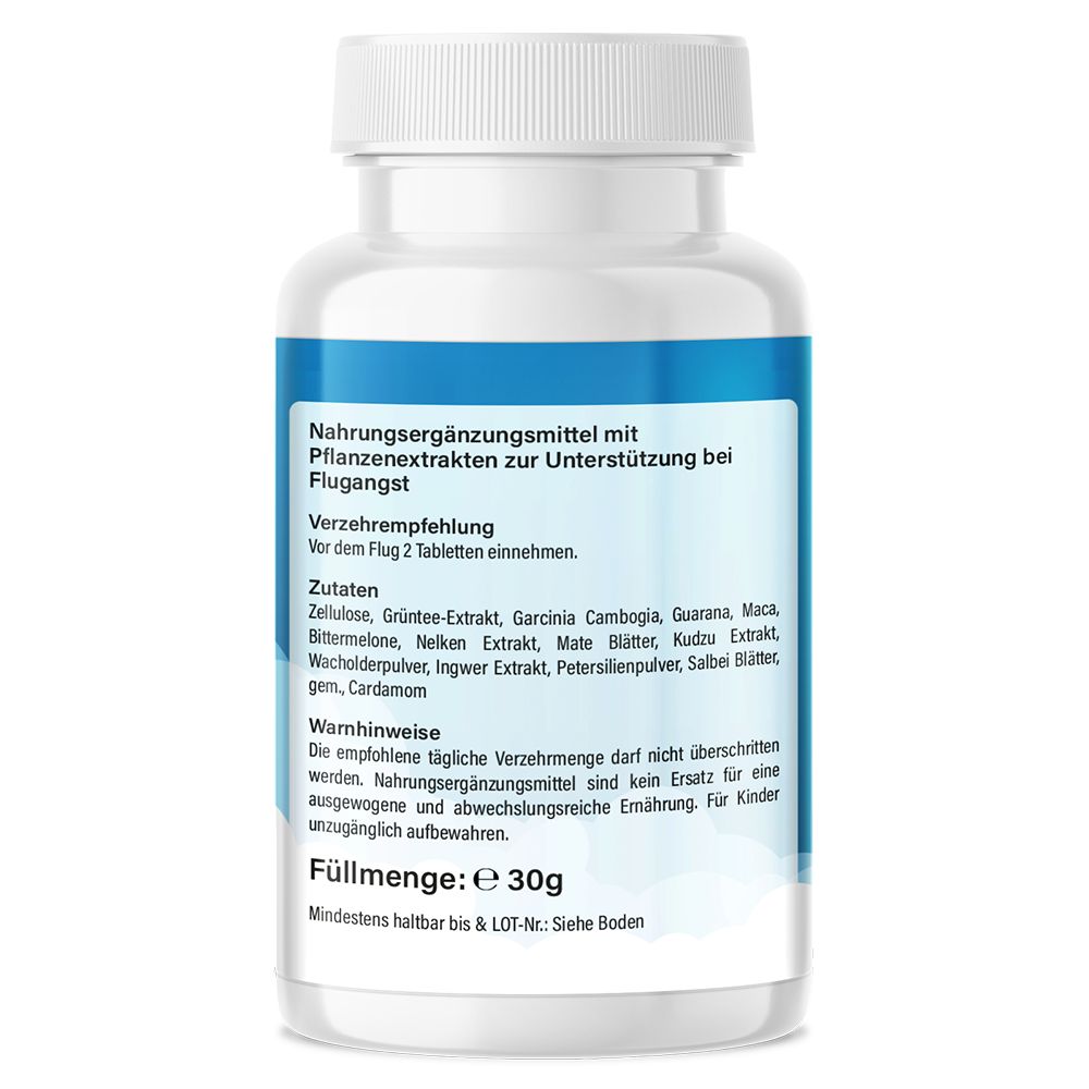 Rückseite der Flasche. Text mit Inhaltsstoffen, Verzehrempfehlung, Warnhinweisen und Füllmenge 30g. Mindesthaltbarkeit und LOT-Nr.