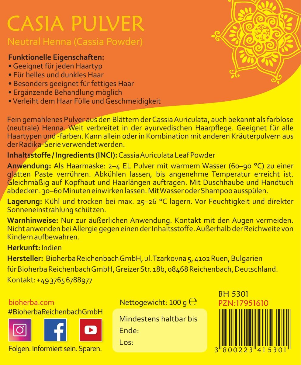 Rückseite des Etiketts. Text in Deutsch. Informationen zu Inhaltsstoffen, Anwendung, Hersteller. Nettogewicht: 100 g. Mindesthaltbarkeit.