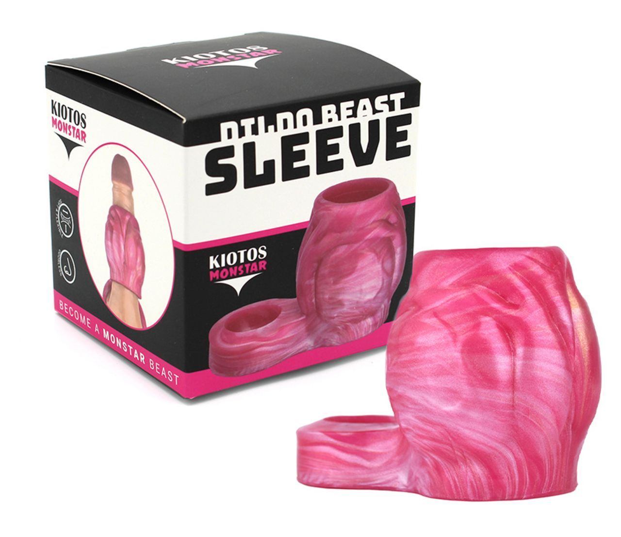 Rosa Sleeve mit Verpackung. Aufschrift: KIOTOS MONSTAR, DILDO BEAST SLEEVE. Abbildung eines Penis. Rosa-weiß marmoriertes Material.