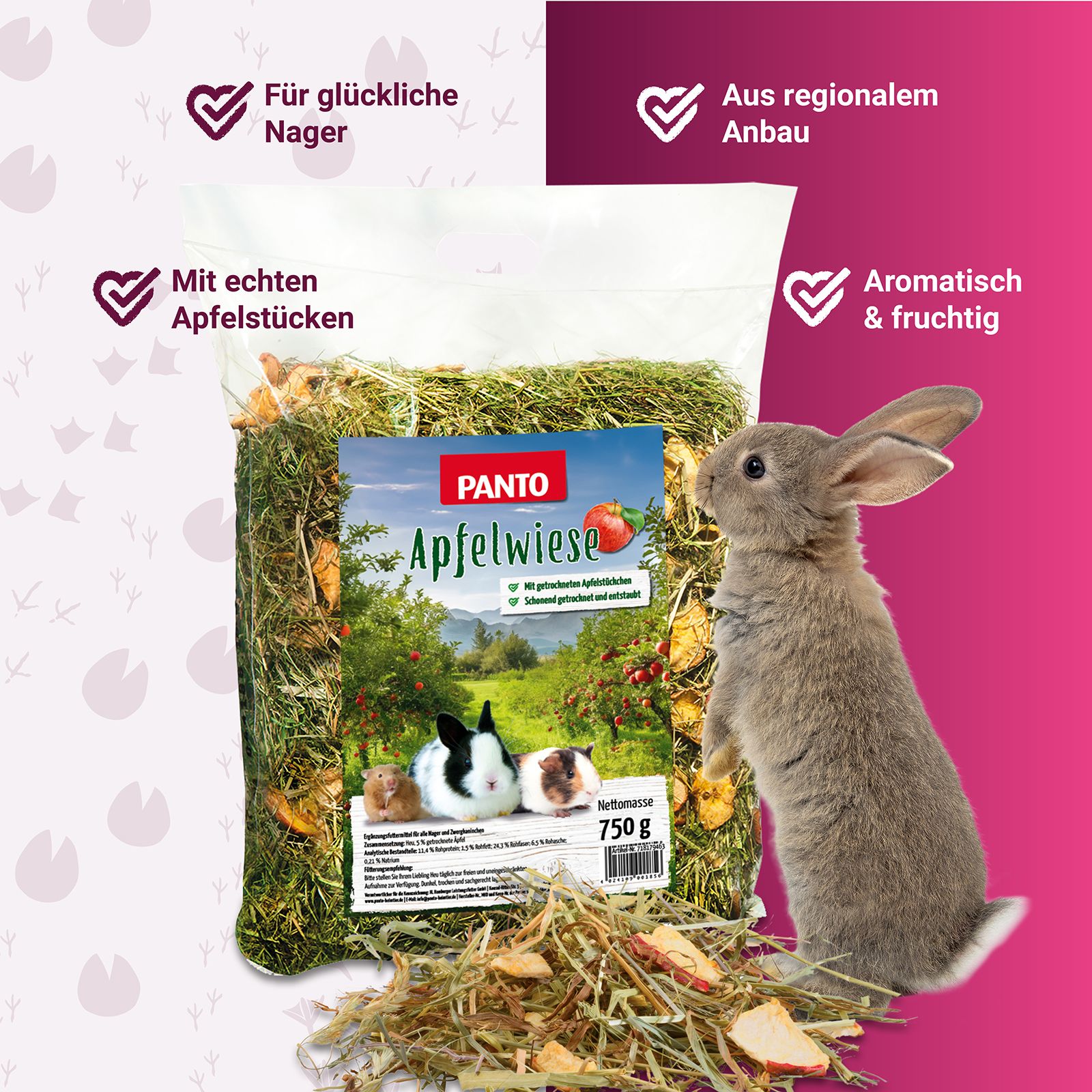 Transparente Tüte PANTO Apfelwiese. Logo und Apfel. 750g. Kaninchen neben Packung. Mit Apfelstücken, aus regionalem Anbau.