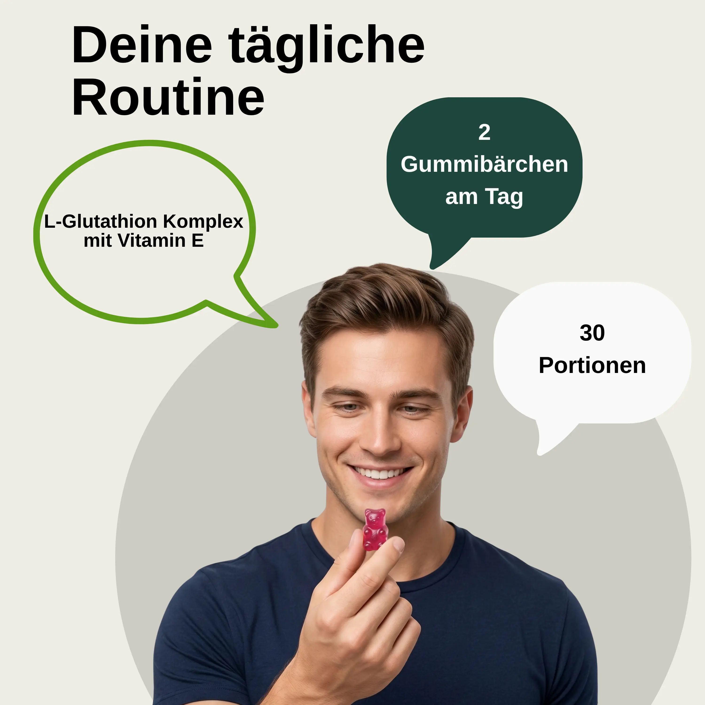 Mann hält Vita Elements L-Glutathion Gummibärchen. Text über tägliche Routine: 2 Gummibärchen, 30 Portionen.