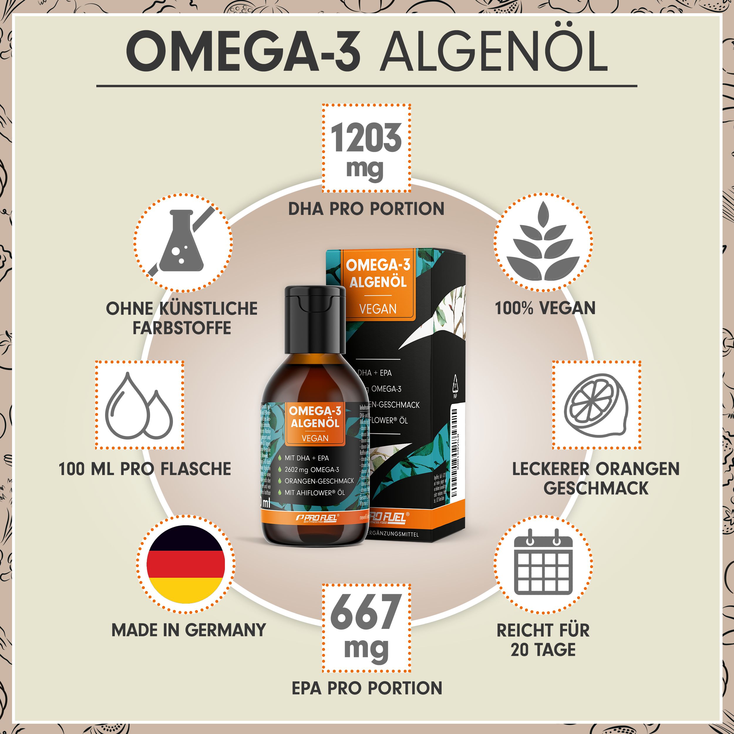 Braune Flasche und Schachtel mit Produktinformationen. Text: Omega-3 Algenöl, vegan, 100 ml, Made in Germany, 20 Tage.
