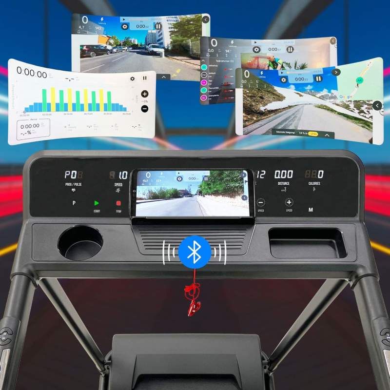 Laufbandkonsole mit Display. Bluetooth-Symbol. Verschiedene Trainingsansichten auf dem Bildschirm.