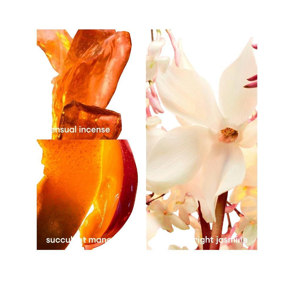 Zwei Bildausschnitte: Sensual Incense und Succulent Mango. Daneben helle Blüten mit der Bezeichnung Bright Jasmine.