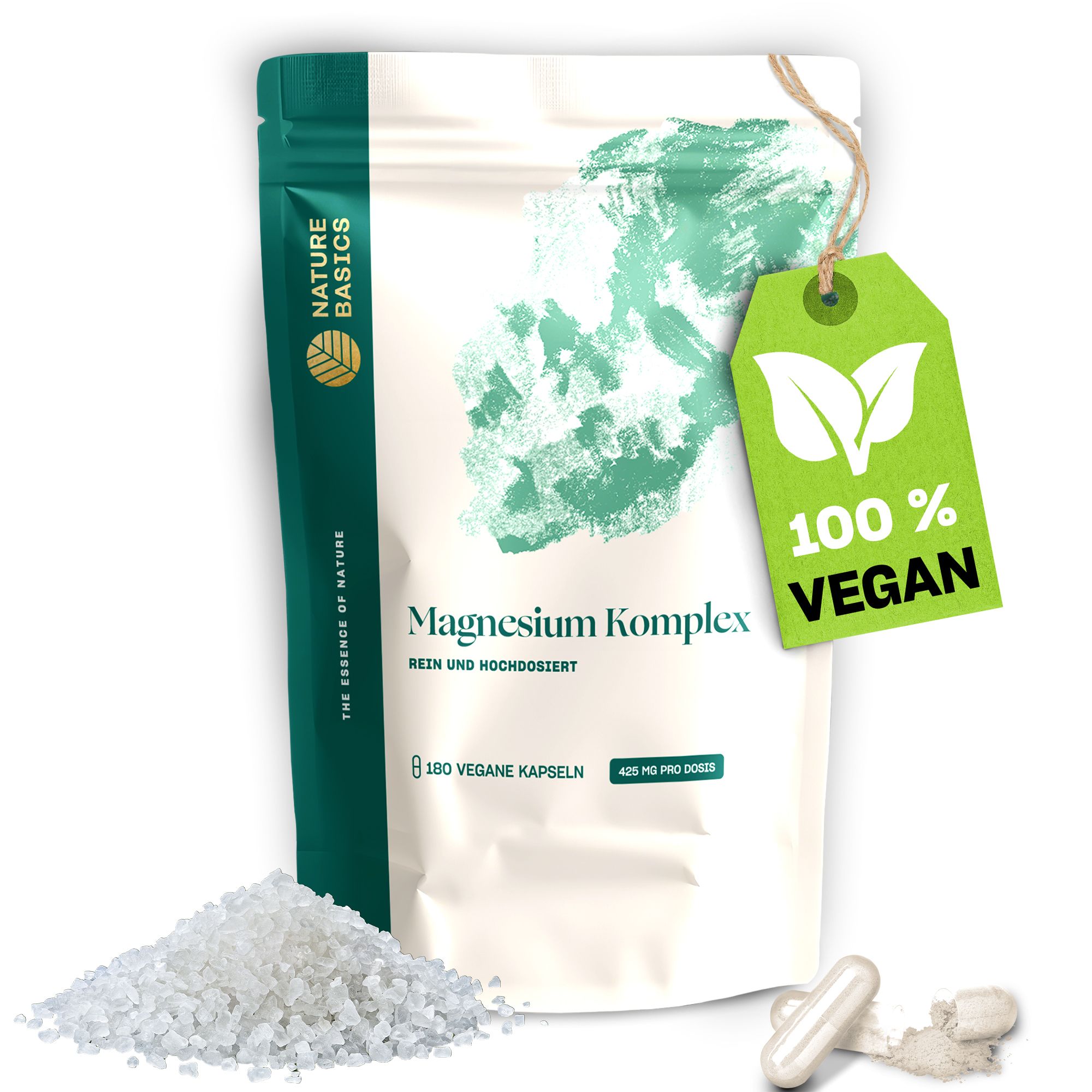 Standbodenbeutel mit Magnesium Komplex, 180 veganen Kapseln, 425 mg pro Dosis. Daneben Meersalz und zwei Kapseln.