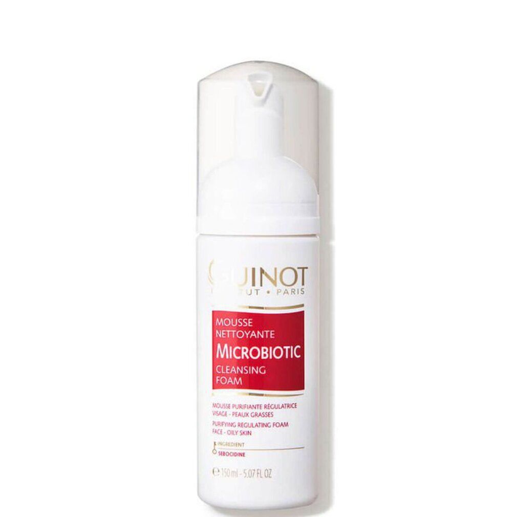 Guinot Microbiotic Mousse, weiße Flasche mit rotem Etikett. Text: Mousse Nettoyante, Microbiotic, Cleansing Foam. Für Mischhaut.