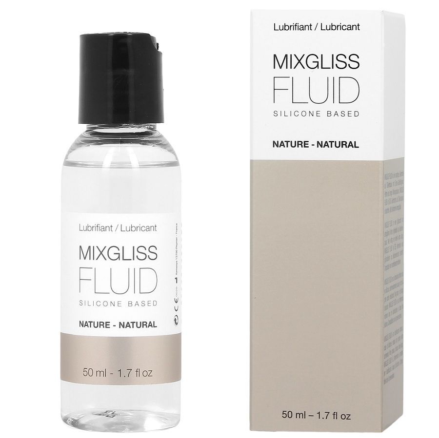 Mixgliss Fluid Silikonbasis Gleitmittel in klarer Flasche mit schwarzem Deckel und Kartonverpackung.