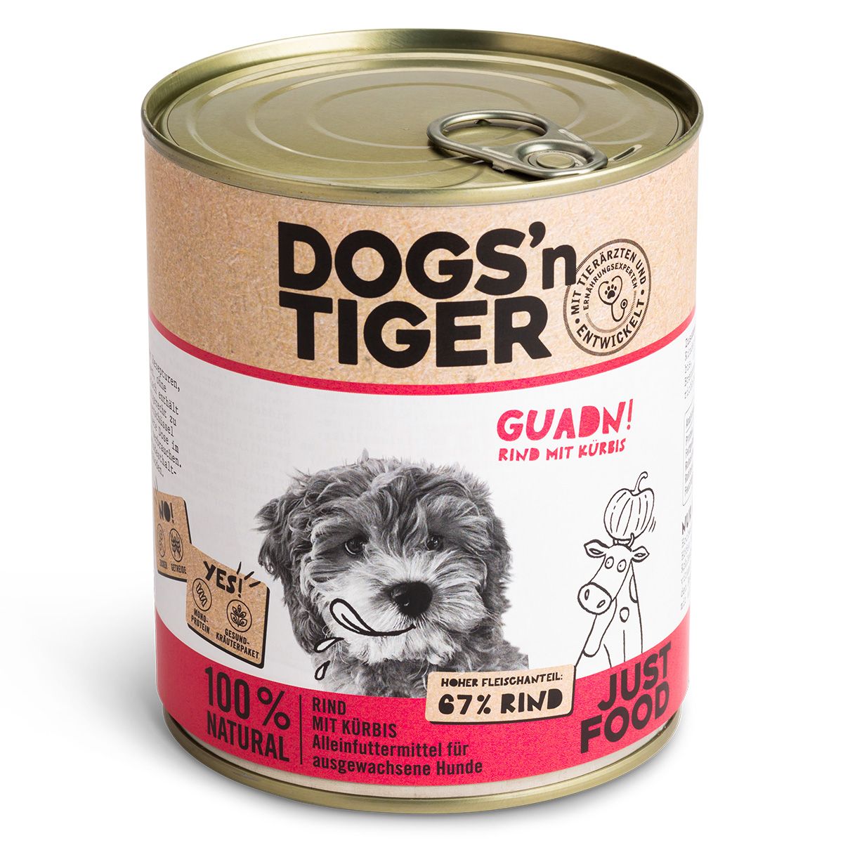 Hundefutterdose mit Logo Dogs'n Tiger, Hundebild, Schriftzug 'Guadn!', und Text '67% Rind'.