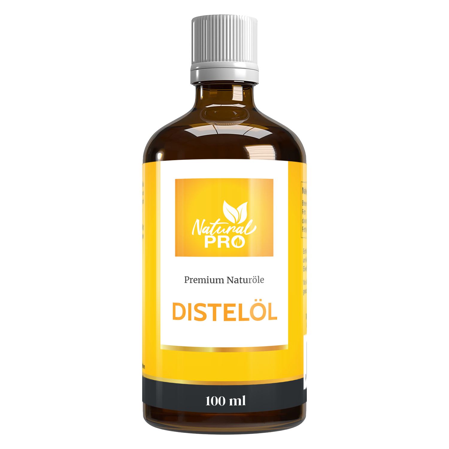 Braune Glasflasche mit weißem Deckel. Etikett mit Logo, Schriftzug "Distelöl" und "100 ml".