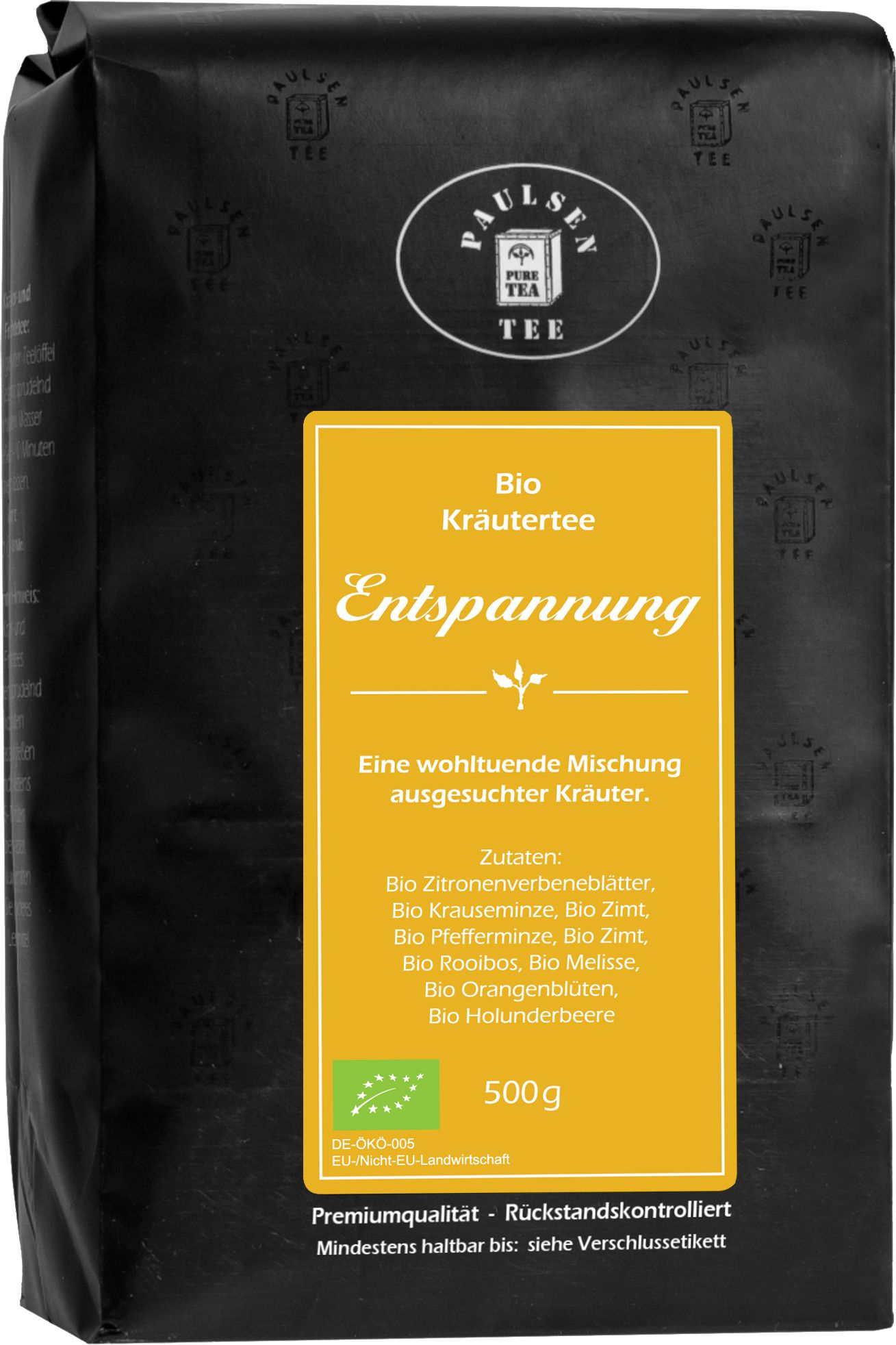 Schwarze Verpackung mit gelbem Etikett. Text: Paulsen Tee, Bio Kräutertee Entspannung, Zutaten, 500g, EU-Bio-Logo.