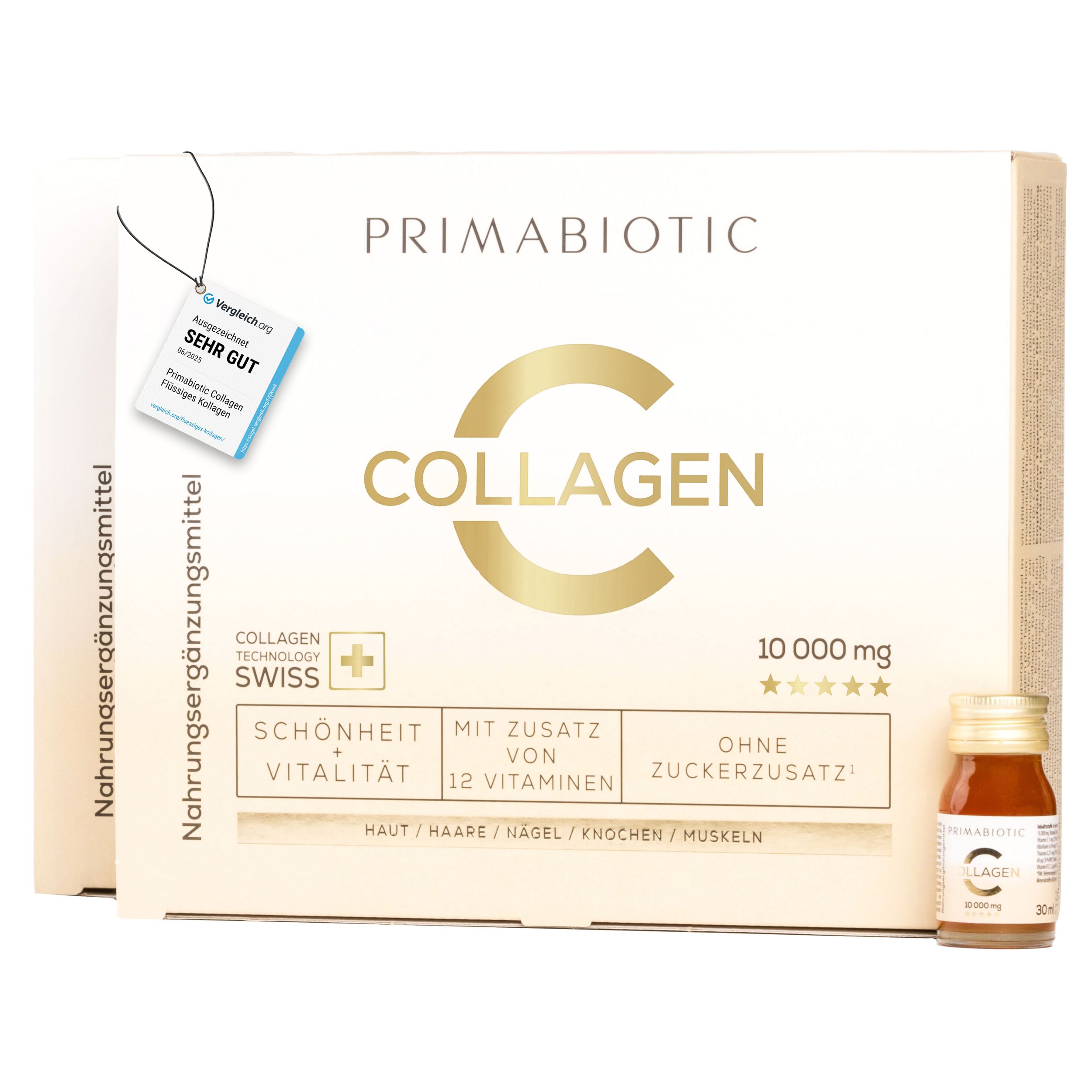 Karton mit Primabiotic Collagen. Enthält 60 Flaschen. Aufschrift: Collagen, 10.000 mg, ohne Zuckerzusatz. Siegel: Sehr gut.