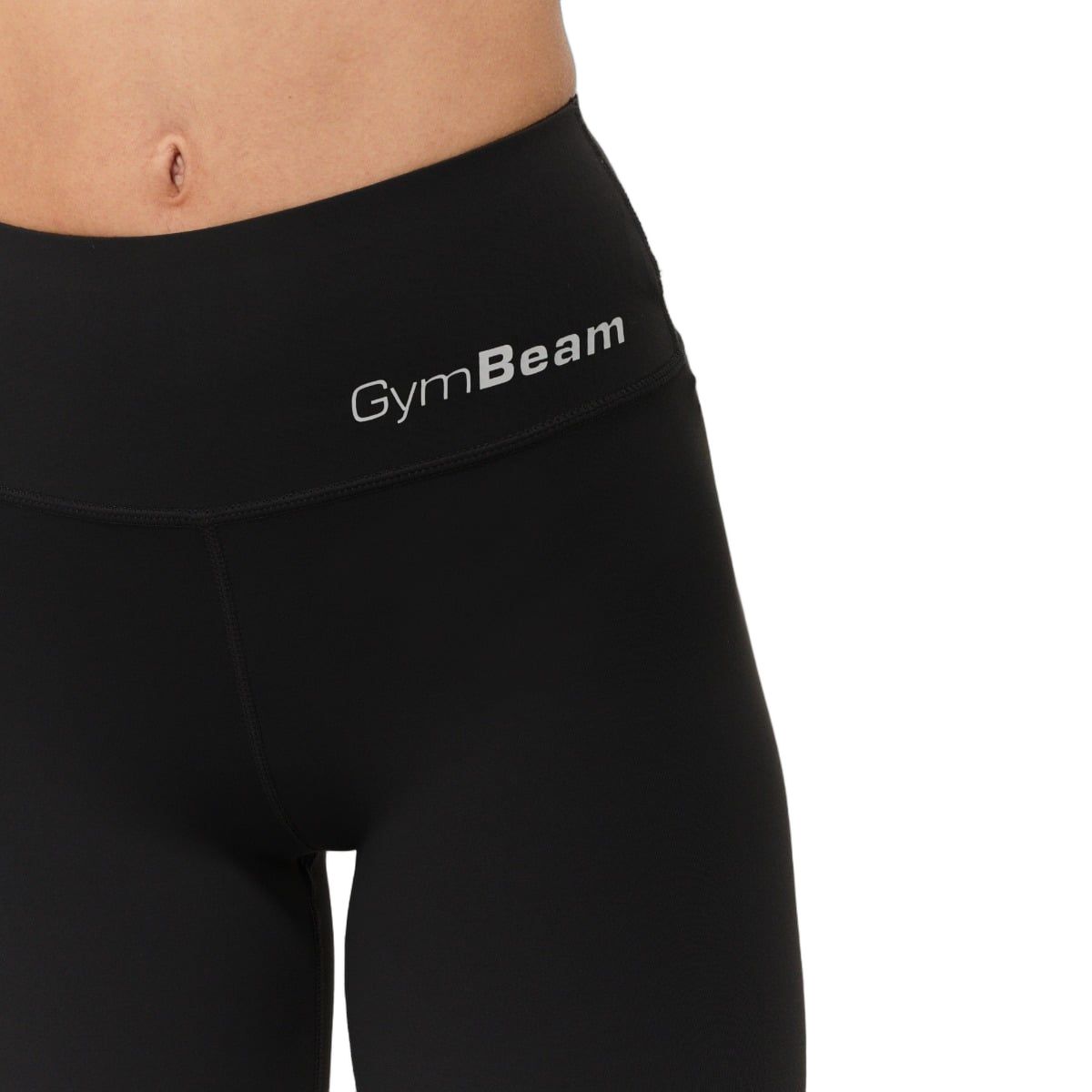 Schwarze Leggings mit hohem Bund und GymBeam-Logo am Bund.