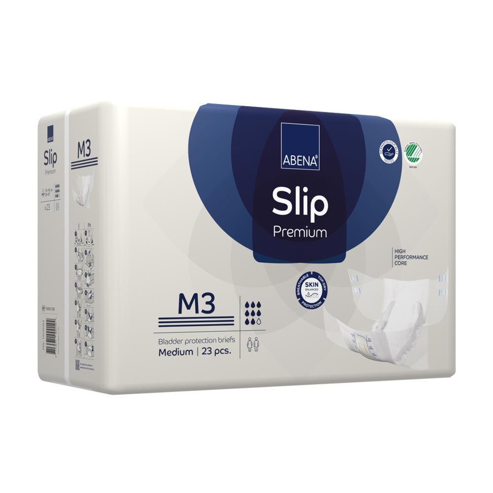 Packung ABENA Slip Premium M3. Aufdruck: ABENA, Slip, Premium, M3, Medium, 23 Stück. Grün-Siegel. Geöffneter Slip sichtbar.