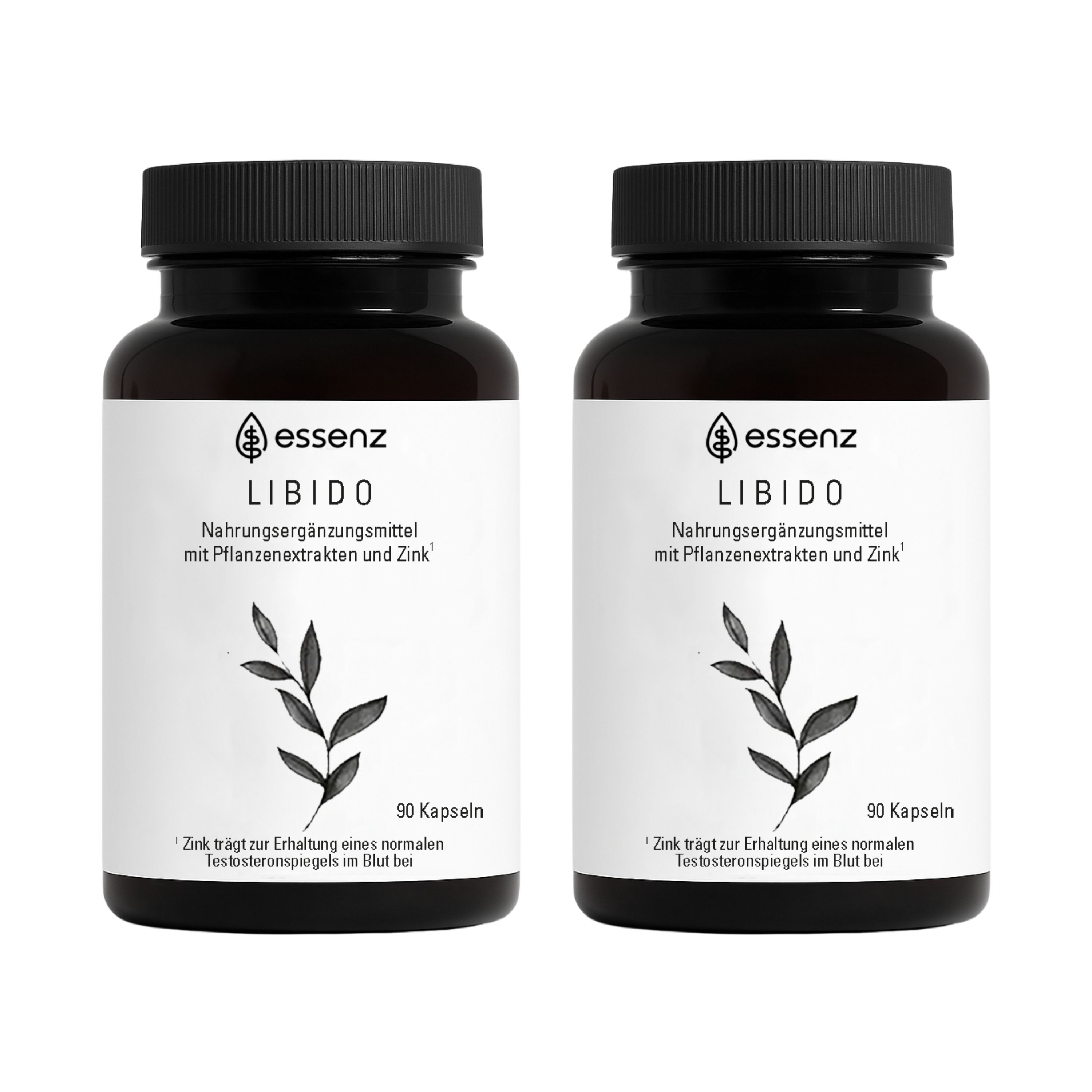 Zwei Flaschen ESSENZ Libido Kapseln. Weiße Etiketten mit Produktinformationen und Logo. Schwarze Deckel.