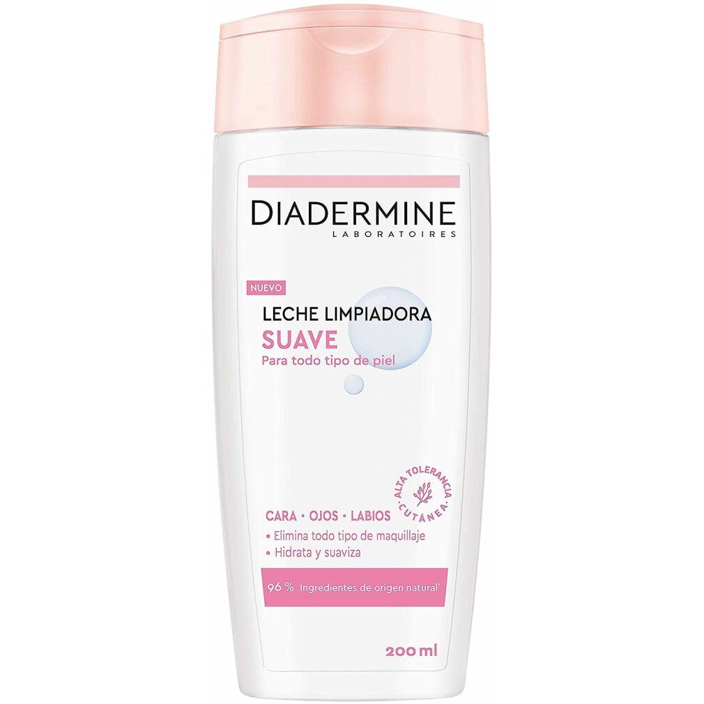 Diadermine Reinigungsmilch. Weiße Flasche mit rosa Deckel. Text: 'LECHE LIMPIADORA SUAVE'. Für alle Hauttypen. 200 ml.