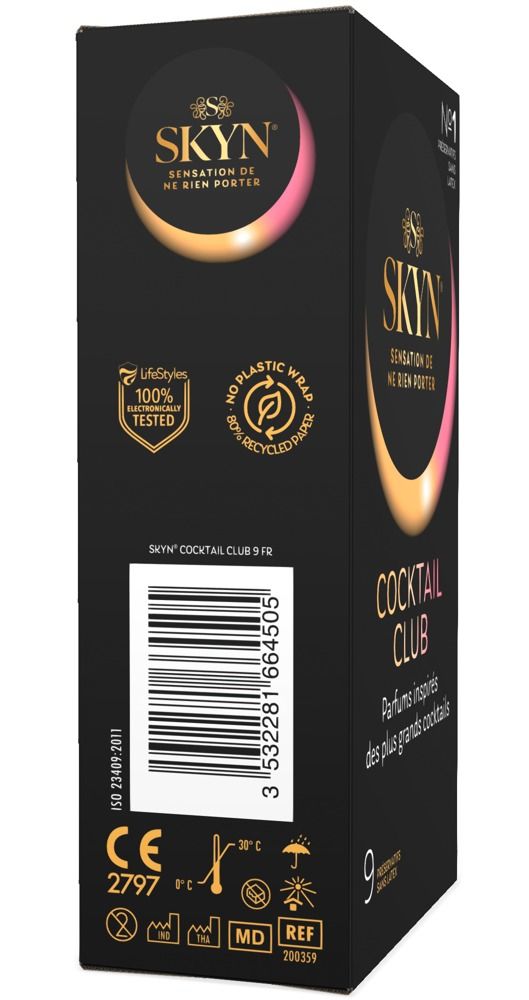 Schwarze Schachtel mit SKYN Cocktail Club. Enthält 9 Kondome. Aufdrucke: Logo, Zertifizierungen, Barcode, Text.