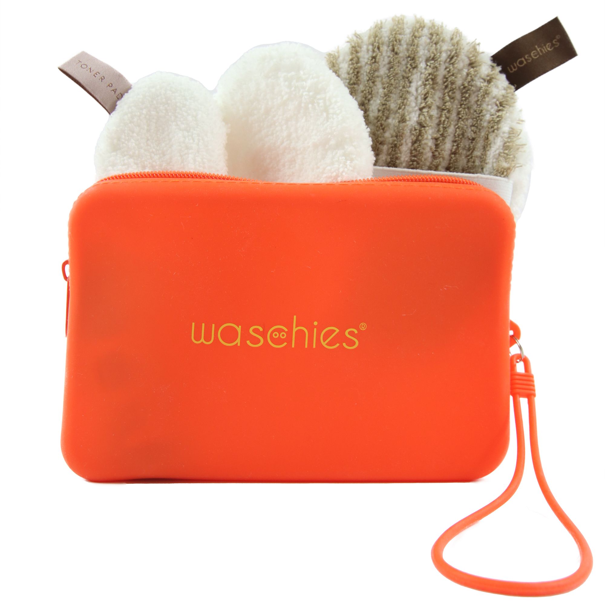 Orangefarbene Tasche mit Reißverschluss und Griff. Enthält drei runde Waschpads. Auf der Tasche steht "waschies".