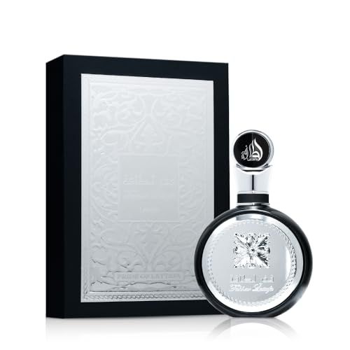 Schwarze Parfumflasche mit silberner Verzierung und Verpackung. Aufschrift in arabischer Schrift.