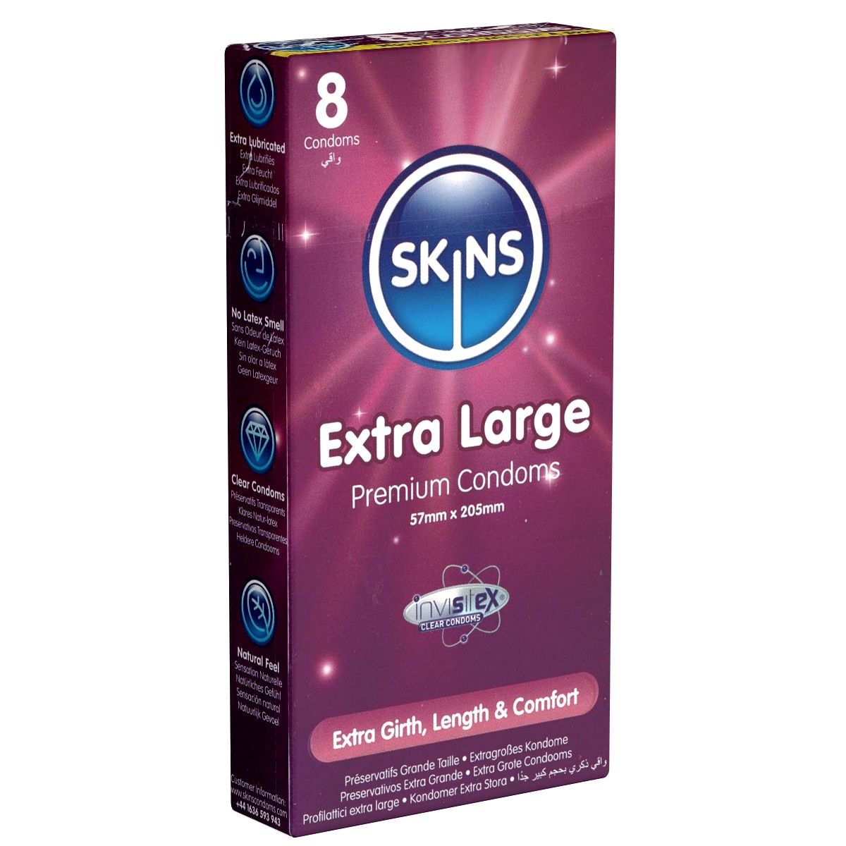 Verpackung mit 8 Kondomen. Aufschrift: SKINS Extra Large, Premium Condoms. Maße: 57mm x 205mm. Text: Extra Girth, Length & Comfort.
