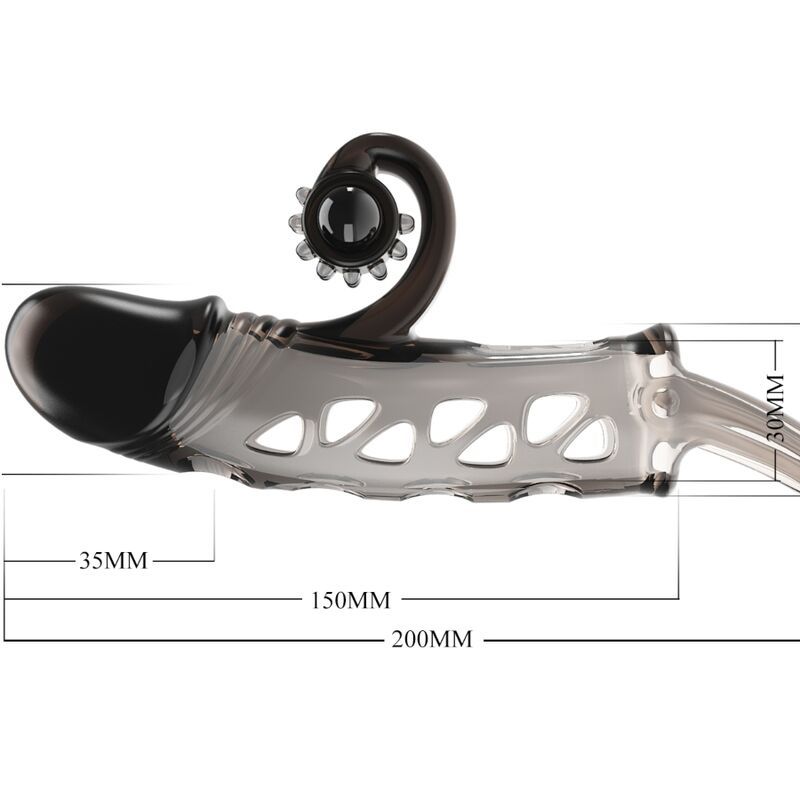 Penishülle mit Vibrationsfunktion, transparent mit schwarzen Elementen. Mit Ring und Öffnungen. Maße: 200mm lang, 35mm breit.